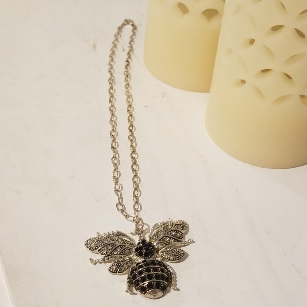 Handmade Jeweled Silver Tone Large Bee Necklace
